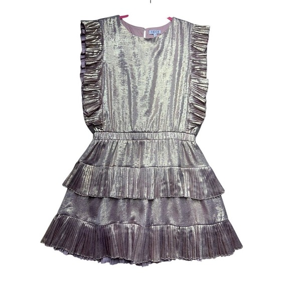 TCEC Dresses & Skirts - TCEC Rose Gold Metallic Pleated Tiered Ruffle Mini Dress Large